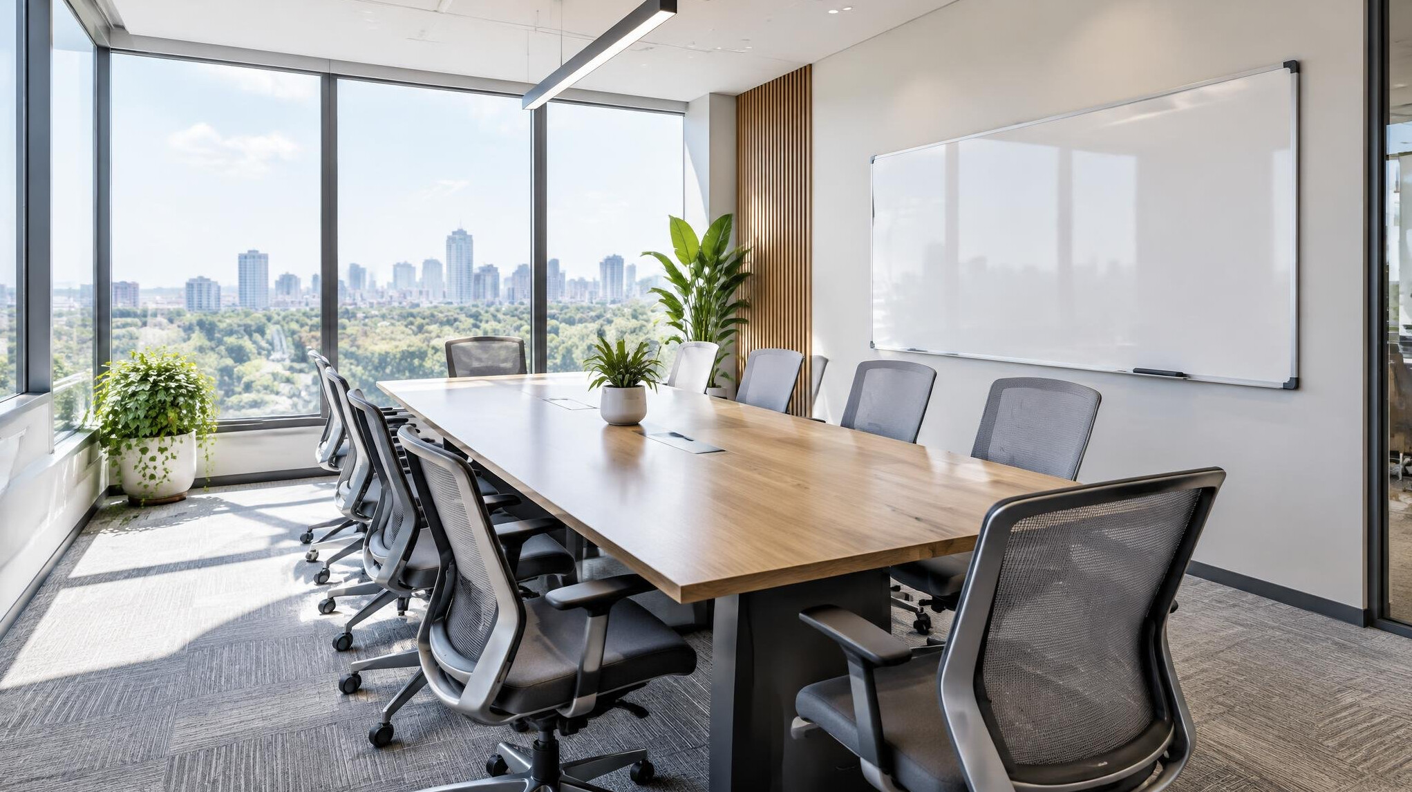 Bright modern meeting room with a long table and large windows