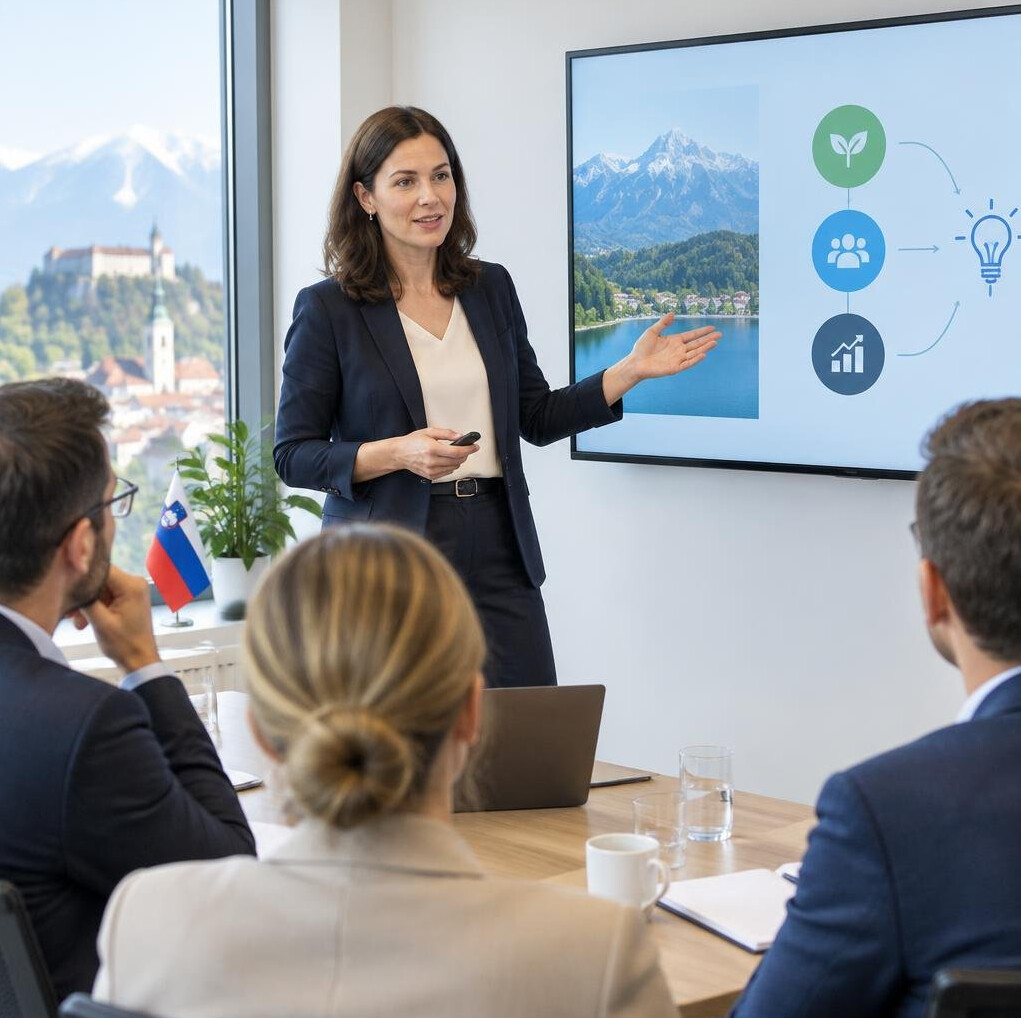 Presenter explaining ideas to a small group of colleagues